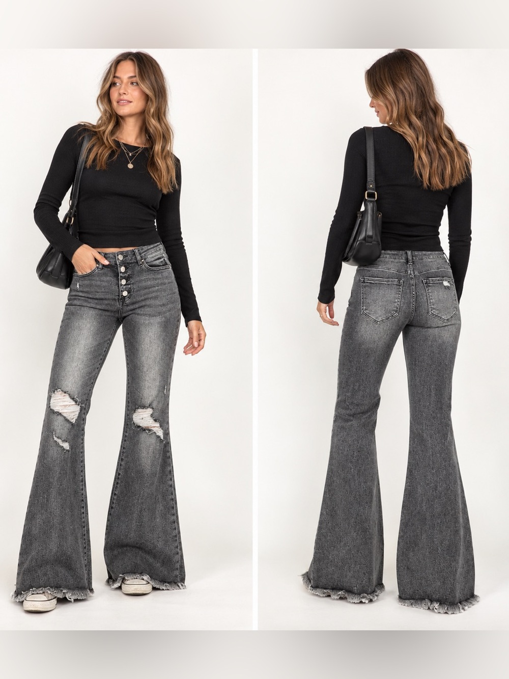Risen Jeans Distressed Flare Jeans Faded Black Wash Mid Rise Button Fly Medium